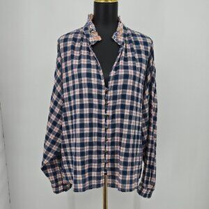 Women's Anthropologie Pilcro Gingham Navy and Pink Plaid Shirt Floral Accent L